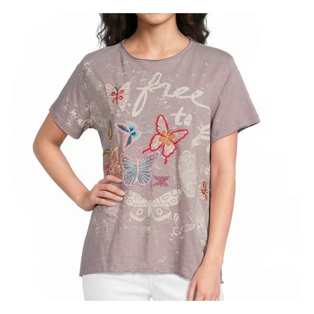 Karyn Seo Butterfly Free to Fly Embroidered Gray Slub Knit T-Shirt Small